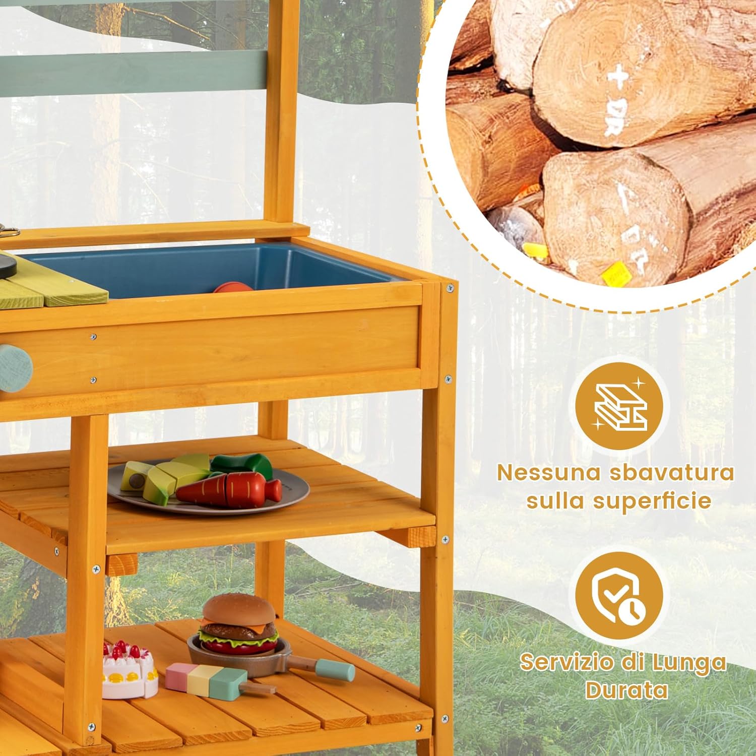 Cucina Giocattolo per Giardino in Legno di Pino, Cucina per Bambini con 2 Fornelli a Manopola, Lavandino e 3 Ganci, Set Cucina con Ripiani Aperti, 75 x 36 x 92 cm (Giallo)