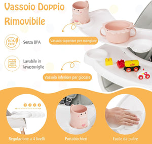 Seggiolone per Bambini con Vassoio Regolabile, Seggiolone in Legno con Cuscino per Seduta Rimovibile, Gambe Staccabile (Grigio)