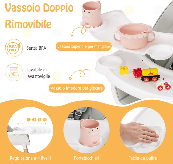 Seggiolone per Bambini con Vassoio Regolabile, Seggiolone in Legno con Cuscino per Seduta Rimovibile, Gambe Staccabile (Grigio)