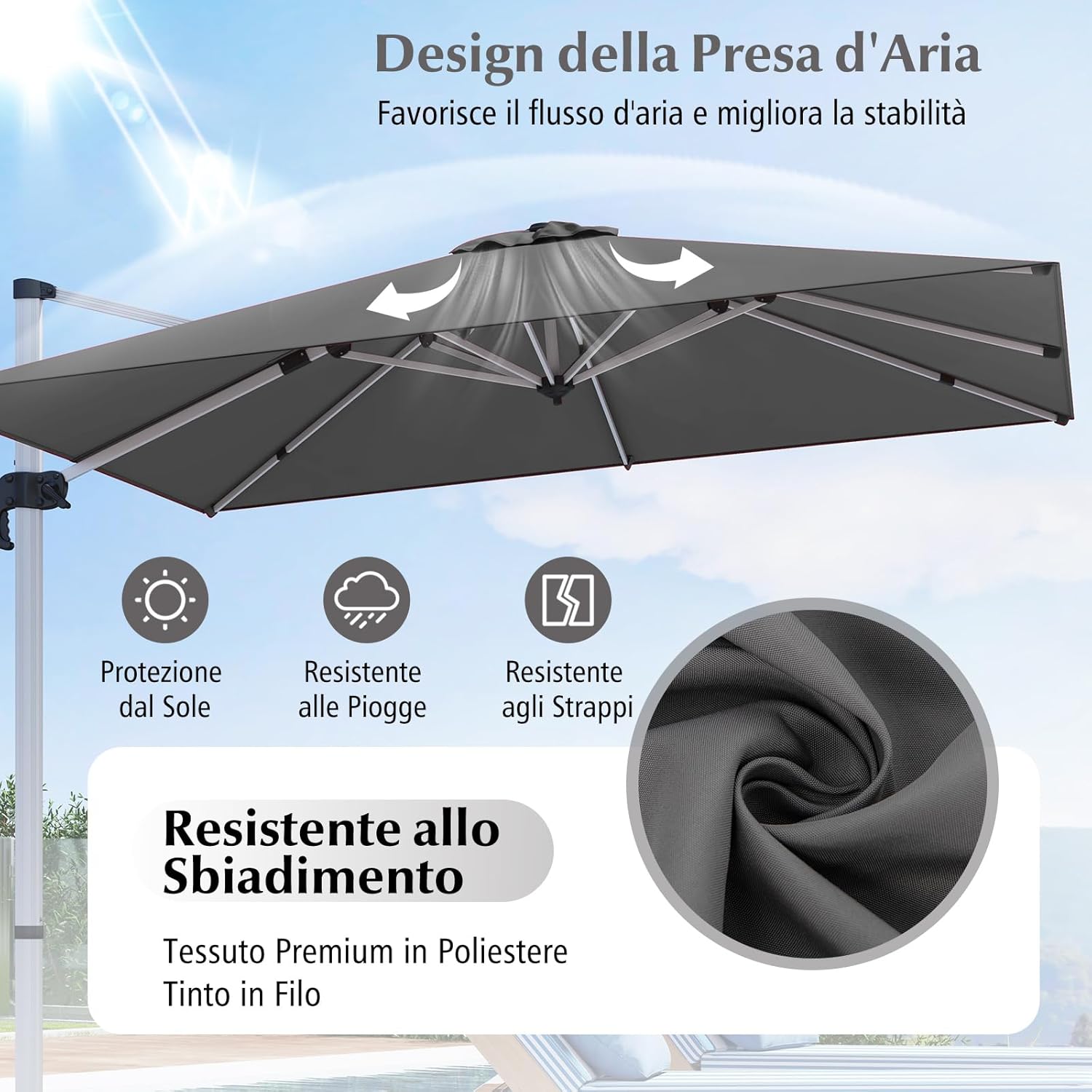 Ombrellone da Giardino 300 cm, Ombrellone Quadrato da Esterno con Rotazione a 360°, Inclinazione Regolabile, Base a Croce, 8 Stecche (Grigio, 300 x 300 x 261 cm)