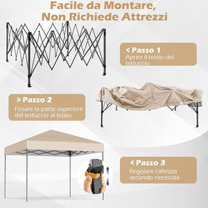 Gazebo Pop-up da Esterno 295 x 295 cm, Gazebo Pieghevole con Borsa da Trasporto, 8 Picchetti, 4 Corde Antivento, 3 Altezze Regolabili, Ideale per Feste, Barbecue, Giardino, Spiaggia (Beige)
