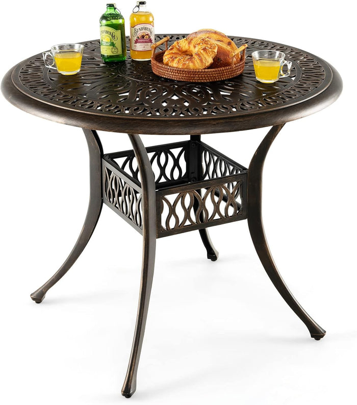 Tavolo da Pranzo Rotondo da 90 cm, Tavolo da Esterno in Alluminio con Foro per Ombrellone da 5 cm Struttura Resistente Piedini Regolabili, Tavolo Rotondo da Giardino Esterno, 90 x 74 cm