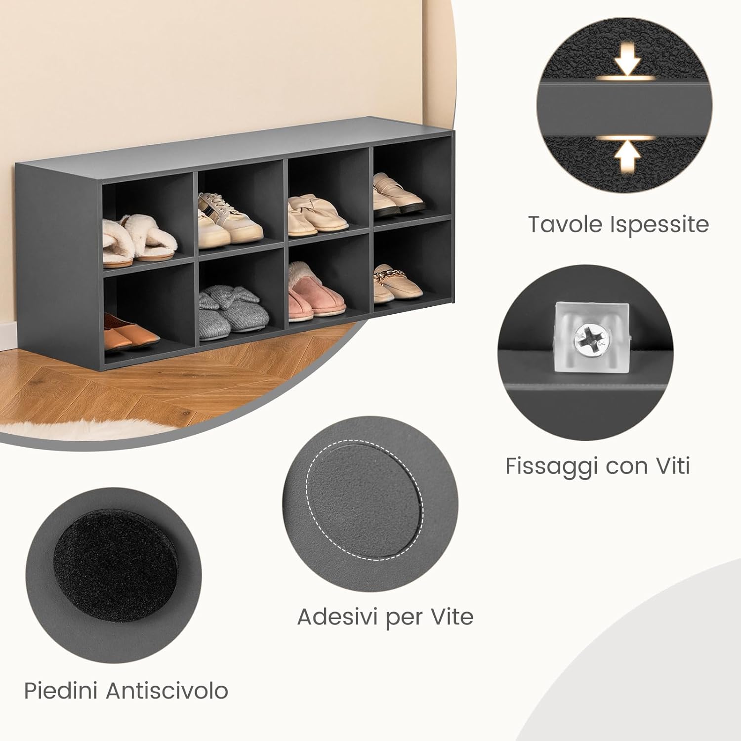 Panca Scarpiera per Ingresso, Panca Contenitore con 8 Scomparti Aperti, Scaffale Portascarpe Capacità di Carico di 230 kg, per Ingresso, Corridoio, Soggiorno, 102x30x41 cm (Grigio)