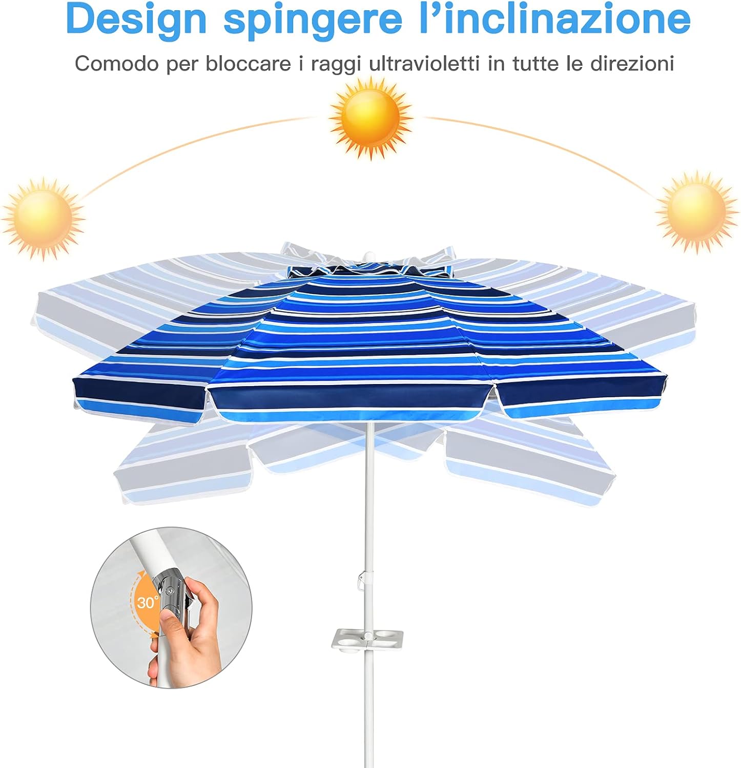 Ombrellone da Spiaggia 200 x 220 cm, Ombrellone da Mare con Inclinazione Regolabile, con Vassoio, 8 Stecche, Protezione UV, Impermeabile, Borsa di Trasporto (Blu Navy)