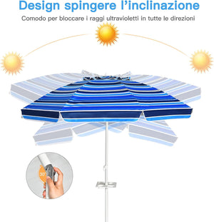 Ombrellone da Spiaggia 200 x 220 cm, Ombrellone da Mare con Inclinazione Regolabile, con Vassoio, 8 Stecche, Protezione UV, Impermeabile, Borsa di Trasporto (Blu Navy)