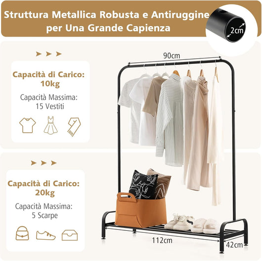 Stand Appendiabiti in Metallo, Appendiabiti da Terra con Barra Ripiano e Piedini Regolabili, Ideale per Camera da Letto e Soggiorno, 112x42x145 cm