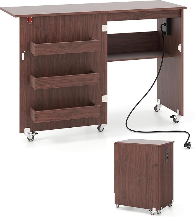 Mobile per Macchina da Cucire Pieghevole, Tavolo da Cucito con Stazione di Ricarica, Ruote Bloccabili, Ripiano e Contenitori (Marrone Scuro, 116 x 41 x 78 cm)