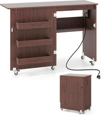 Mobile per Macchina da Cucire Pieghevole, Tavolo da Cucito con Stazione di Ricarica, Ruote Bloccabili, Ripiano e Contenitori (Marrone Scuro, 116 x 41 x 78 cm)