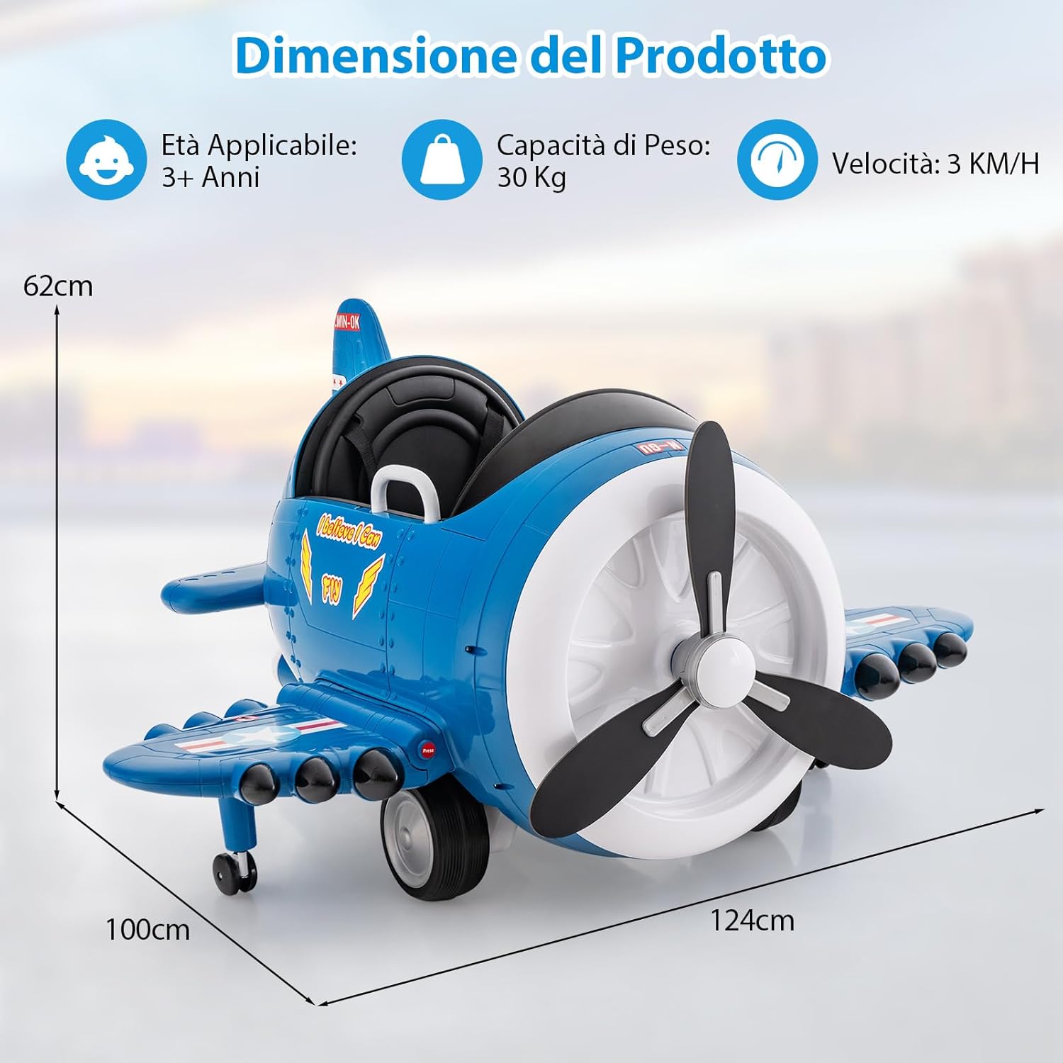 Macchina Elettrica a Forma di Aereo per Bambini, Aeroplano Elettrico Cavalcabile con Telecomando Alare Pieghevole e Elica Rotante, Cruscotto Illuminato, per Bambini 3 Anni+ (Blu)