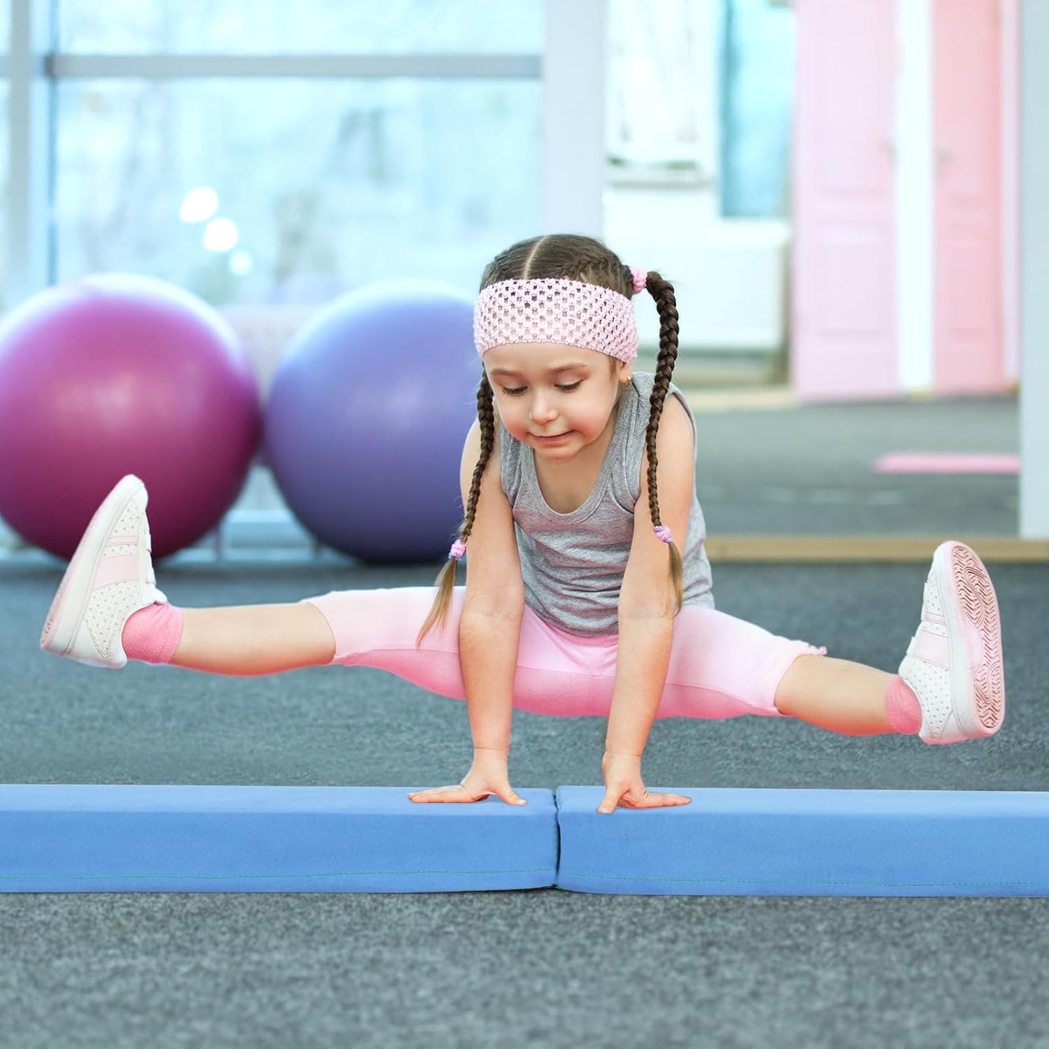Trave Ginnastica Artistica per Bambini 210 cm, Trave di Equilibrio Pieghevole e Portatile per Casa con Manici, Copertura in Suede Rimovibile e Fondo Antiscivolo
