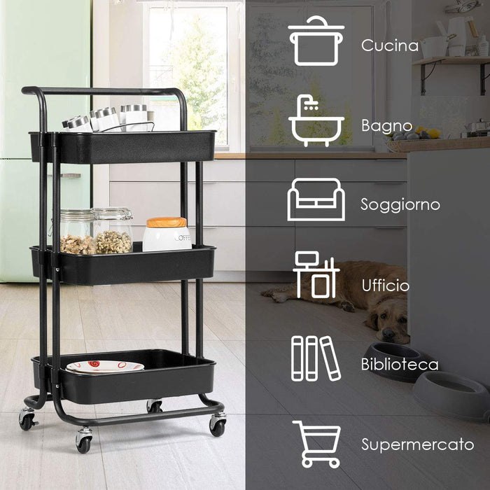 Carrello con 3 cesti e Maniglia, Carrello Multifunzione con Ruote, 87 x 35 x 42 cm, Nero/Bianco (Nero)