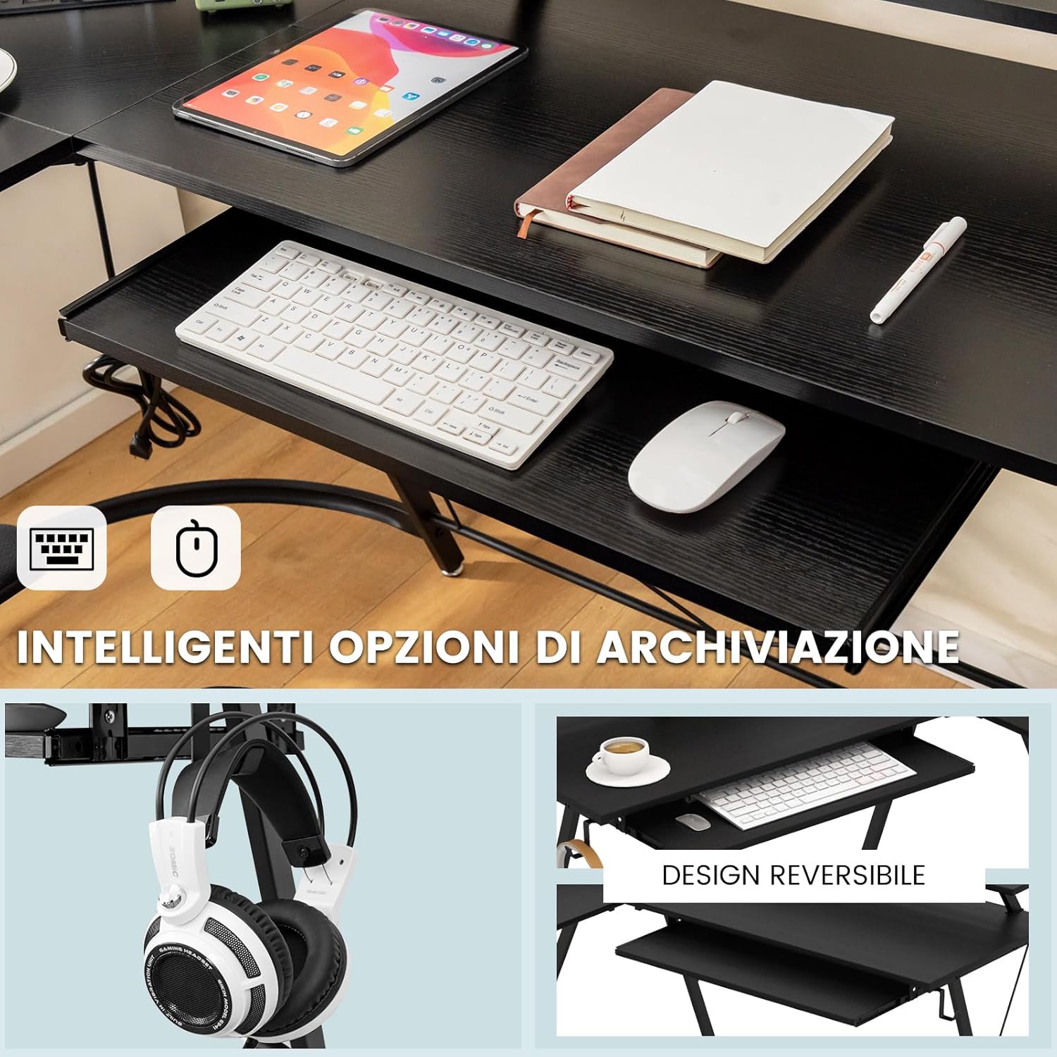 Scrivania Angolare, Scrivania ad Angolo con Presa Elettrica, Supporto per Monitor, Vassoio per Tastiera e Gancio per Cuffie, Scrivania Salvaspazio per Ufficio e Casa (Nero)