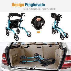 Deambulatore Pieghevole per Anziani Ultraleggero, con Sedile Borsa da Spesa e 4 Ruote Freno a Mano, Rollator Altezza Regolabile, Capacità 136kg, Lega di Alluminio, Nero (Blu)