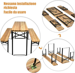 Tavolo e Panche da Esterno Pieghevoli in Legno, Tavolo da Esterno e Interno con 2 Panche con Robusta Struttura in Metallo, Ideale per Cortile, Patio e Giardino