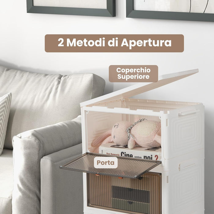 Scarpiera Pieghevole a 3/4/6 Piani, Mobile Multiuso Impilabile con Porte Trasparenti Magnetiche e Ruote Piroettanti Bloccabili, Contenitore con Coperchio per Cibi Giocattoli Abiti (3 Piani)