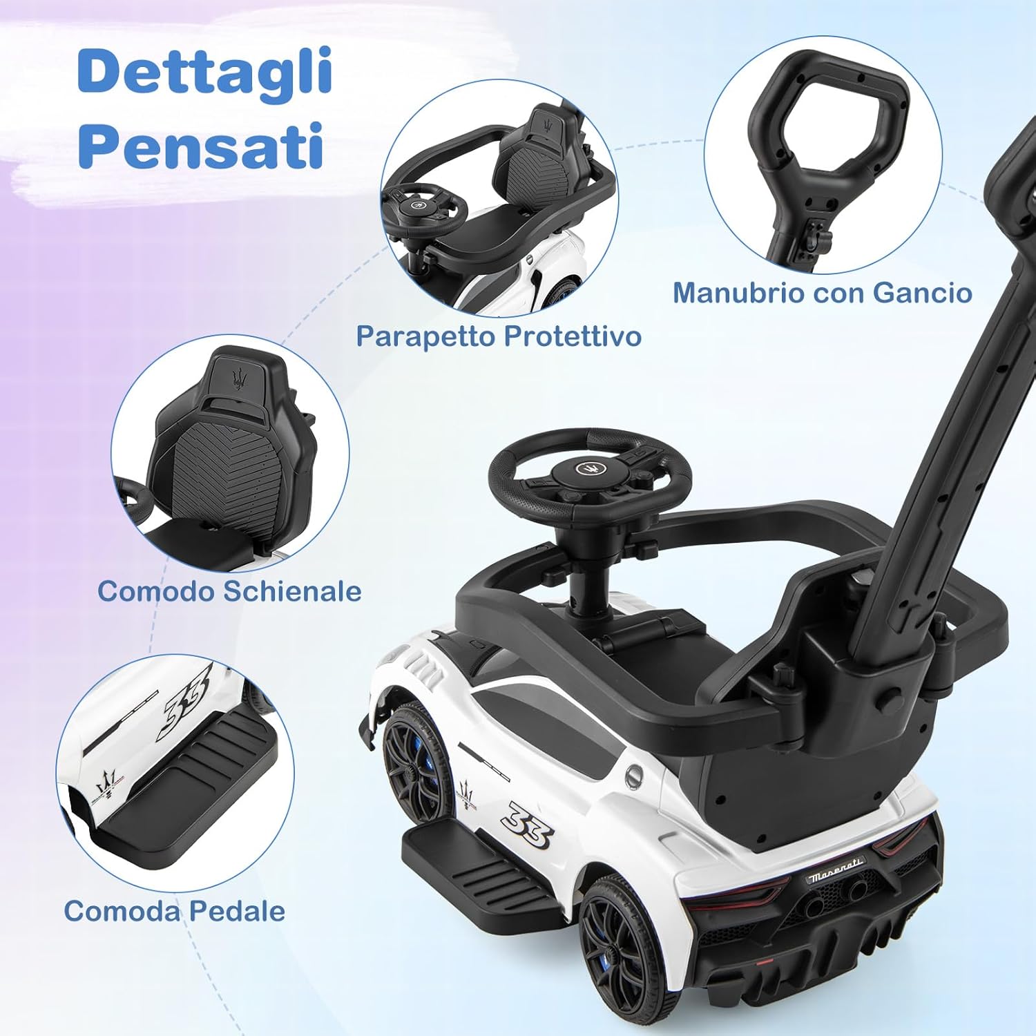 3 in 1 Maserati Auto da Spinta, Auto Scorrevole con 2 Ruote Universali Volante Musicale Paracolpi e Manubrio, Macchina Cavalcabile con Ripostiglio per Bambini 18-60 Mesi (Bianco)