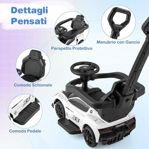 3 in 1 Maserati Auto da Spinta, Auto Scorrevole con 2 Ruote Universali Volante Musicale Paracolpi e Manubrio, Macchina Cavalcabile con Ripostiglio per Bambini 18-60 Mesi (Bianco)