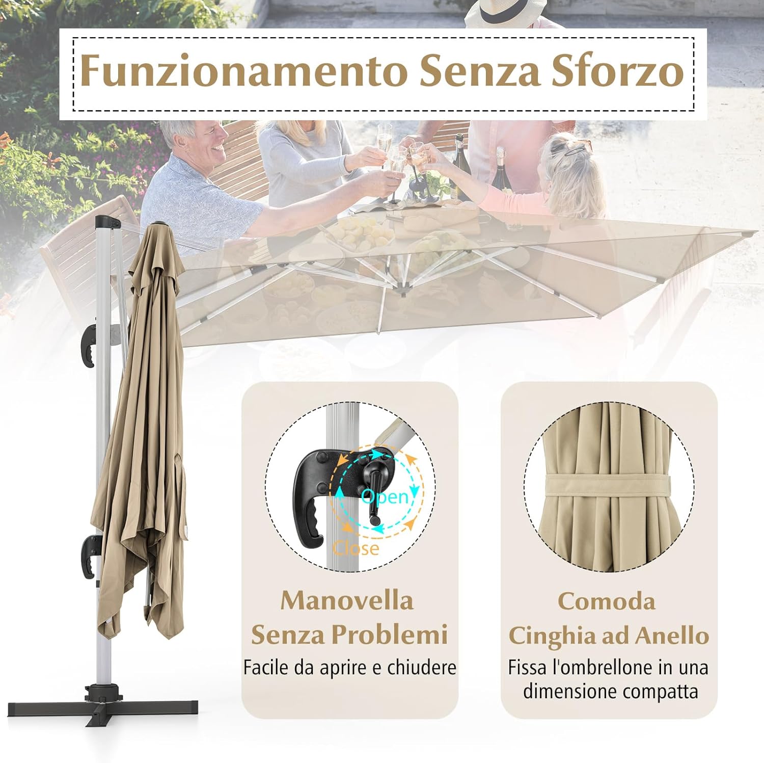 Ombrellone da Giardino 300 cm, Ombrellone Quadrato da Esterno con Rotazione a 360°, Inclinazione Regolabile, Base a Croce, 8 Stecche (Beige, 300 x 300 x 261 cm)