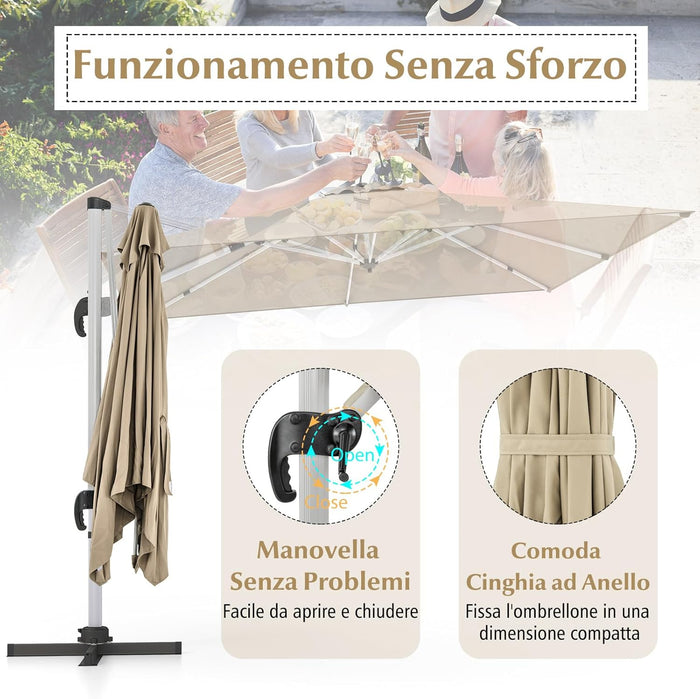 Ombrellone da Giardino 300 cm, Ombrellone Quadrato da Esterno con Rotazione a 360°, Inclinazione Regolabile, Base a Croce, 8 Stecche (Beige, 300 x 300 x 261 cm)