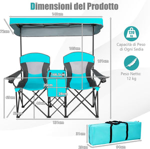 Sedie da Campeggio Pieghevoli, Panchina da Picnic a 2 Posti Regolabile con Tettoia, Sedia Portatile e Pieghevole per Campeggio, Spiaggia, Giardino (Blu Marino)