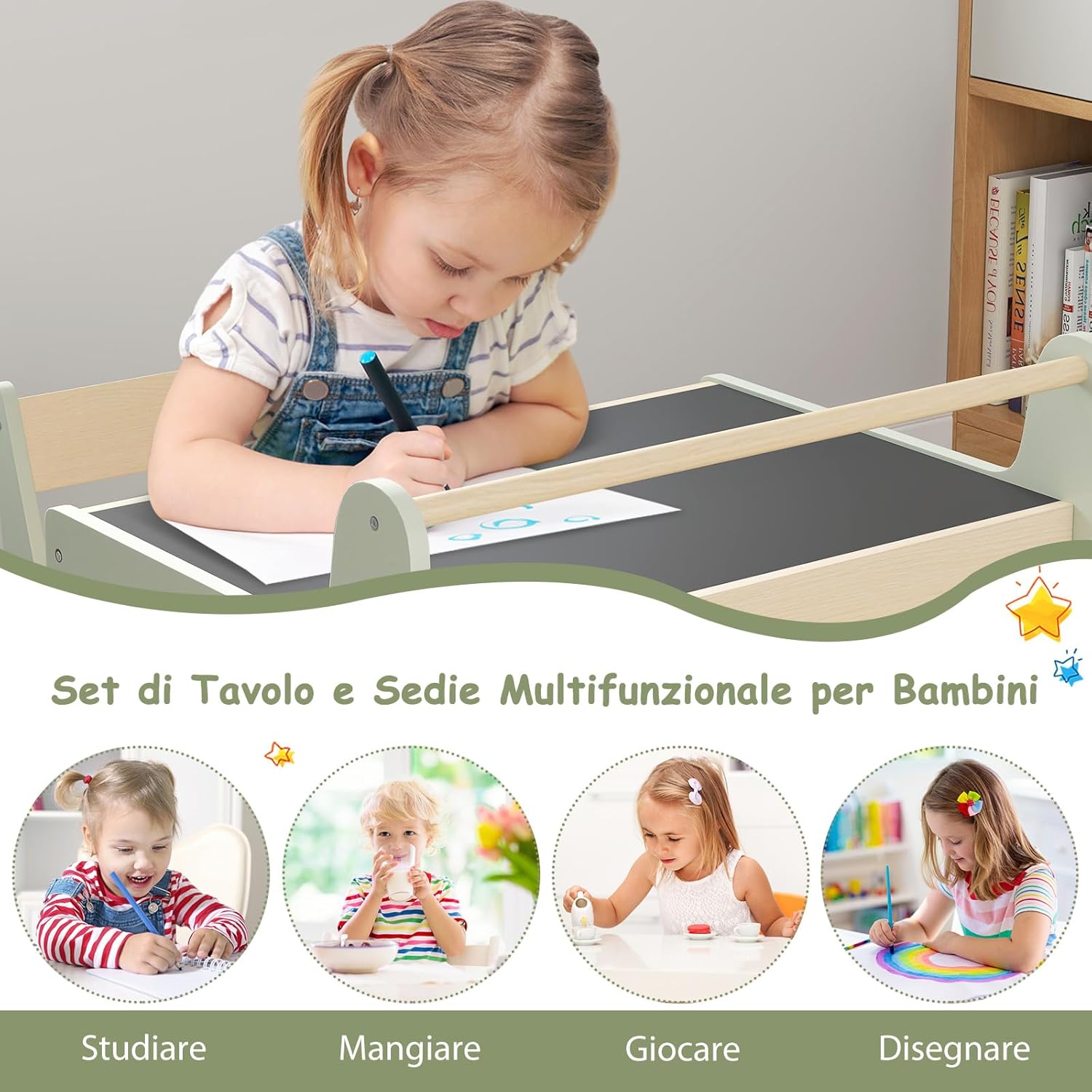 Tavolo a Forma di Elefante con Sedie 2 in 1, Set Tavolo e Sedie in Legno con Piano Rimovibile, Spazio di Archiviazione e Porta Rotolo di Carta per Aula per Cameretta, Aula e Asilo, Verde