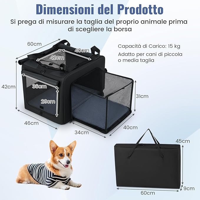 Trasportino Pieghevole per Cani e Gatti, Borsa da Trasporto per Animali con 2 Aperture, Finestra, Cesto Interno in Rete, Tasche Laterali e Porta Bicchiere, Gabbia Morbida e Portatile (S)