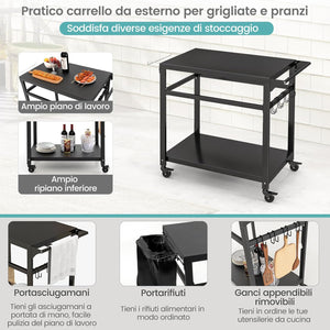 Carrello Barbecue da Esterno in Metallo, Carrello da Cucina Esterno con 2 Ripiano, 4 Ruote Bloccabili, Ganci, Maniglia Laterale, per Girdino, Cucina