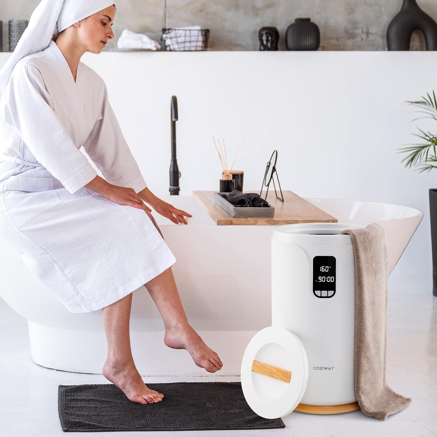 Scaldasalviette Secchio 20L con Luce LED, Secchio Scaldasalviette Elettrico per Bagno e Spa, Scalda Asciugamani con Timer, Blocco per Bambini, per 2 Asciugamani, Bianco