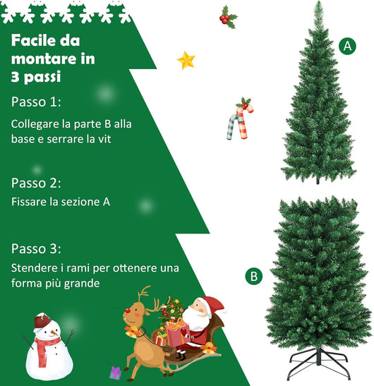 Albero di Natale 150/180/210/240 cm, Albero di Natale Slim con 220/400/700/1000 Rami Folti e Realistici e Base in Metallo, Albero di Natale Artificiale per Casa e Negozio, Verde (180 cm)