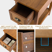 Tavolino da Salotto in Legno Massello, Comodino con 1 Cassetto e 1 Ripiano, Tavolino Basso da Soggiorno e Camera da Letto (56 x 33 x 58,5 cm, Legno, 1)