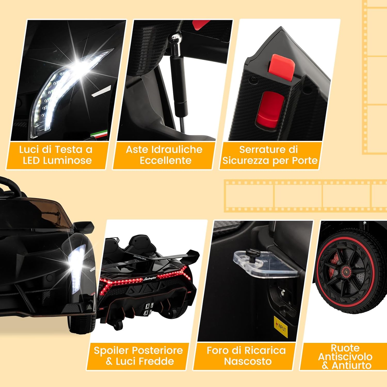 Lamborghini Macchina Elettrica per Bambini, Auto Elettrica Cavalcabile con Telecomando Luci LED, 3 Velocità, 3-6 km/h, Modalità Dondolo, per Bambini 3-8 Anni (Nero)