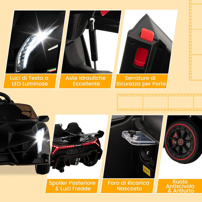 Lamborghini Macchina Elettrica per Bambini, Auto Elettrica Cavalcabile con Telecomando Luci LED, 3 Velocità, 3-6 km/h, Modalità Dondolo, per Bambini 3-8 Anni (Nero)