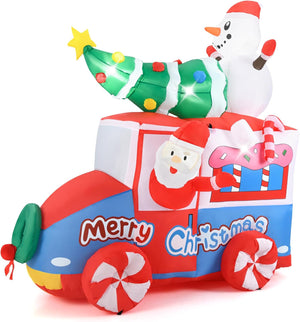 Babbo Natale Gonfiabile con Auto 177 cm, Decorazione Gonfiabile Natalizia con Babbo Natale, Pupazzo di Neve e Albero di Natale, 5 Luci LED Interne e Ventola Integrata