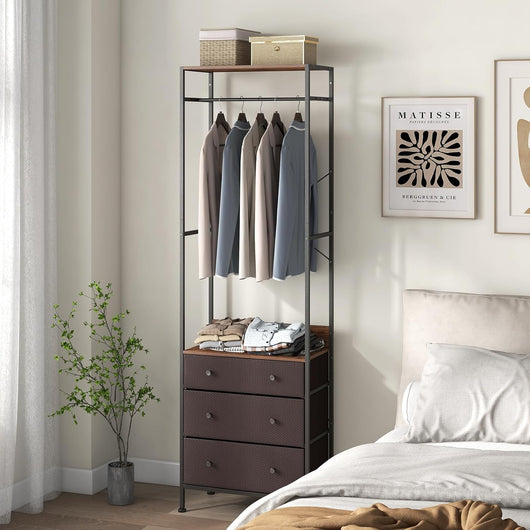 Appendiabiti indipendente con 3 cassetti e ripiano appendiabiti in metallo per camera da letto, soggiorno e corridoio, 55 x 28 x 176 cm (Marrone)