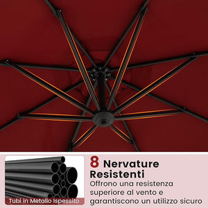 Ombrellone da Esterno 294 cm, Ombrellone con Rotazione a 360°, 5 Angoli di Inclinazione Regolabili, Base a Forma di Croce, 8 Stecche, Ombrellone per Giardino, Piscina, Cortile