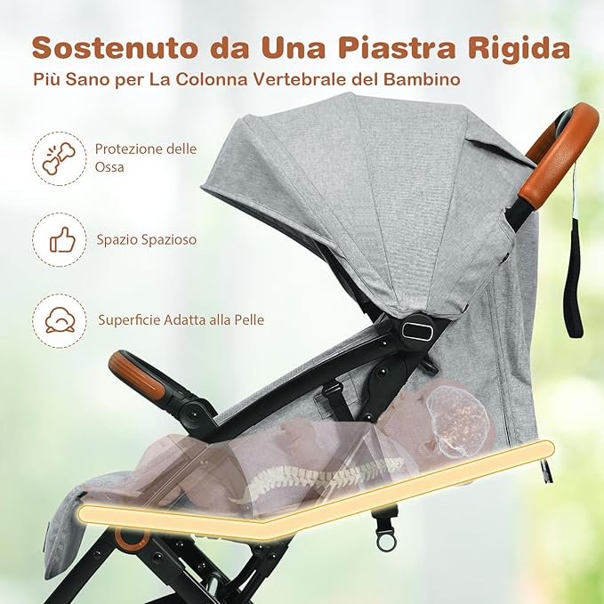 Passeggino Pighevole per Bmabini, Passeggino con Schienale e Poggiapiedi Regolabili, Passeggino Leggero Portata 15 kg, con Cappottina e Zanzariera, per Bambini 0-3 Anni (Grigio)