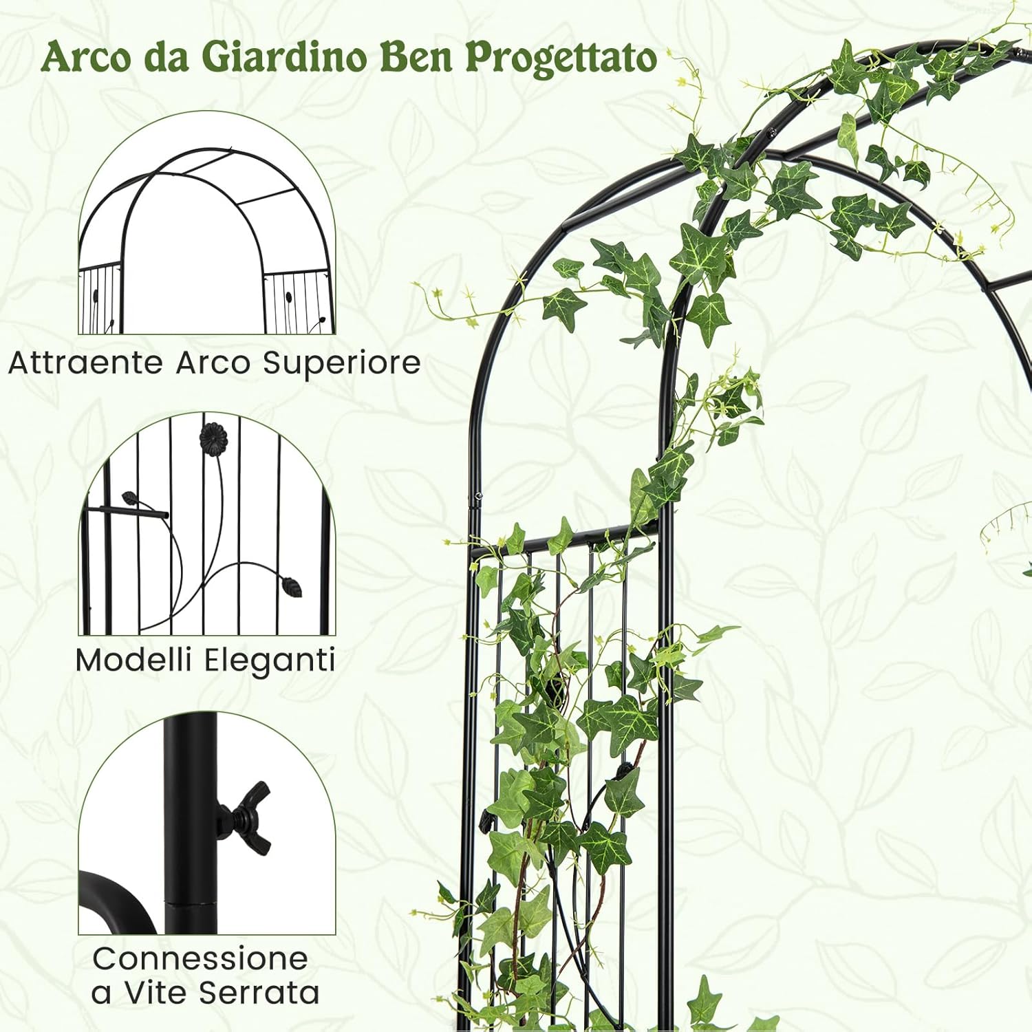 Arco da Giardino, Pergolato in Metallo con Cancello Bloccabile e Fioriere Laterali, Arco per Piante Rampicanti e Viti da Uva, Decorazione per Cerimonia Matrimoniali