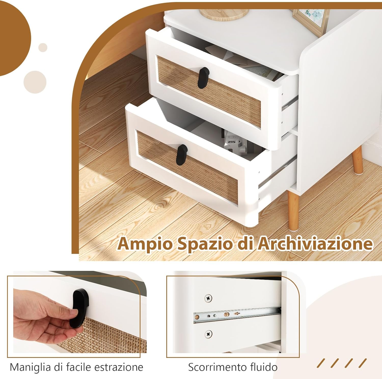 Comodino in Legno, Comodino Moderno con 2 Cassetti, con Gambe in Legno Massello, per Soggiorno, Camera da Letto, Bianco, 45 x 40 x 57 cm
