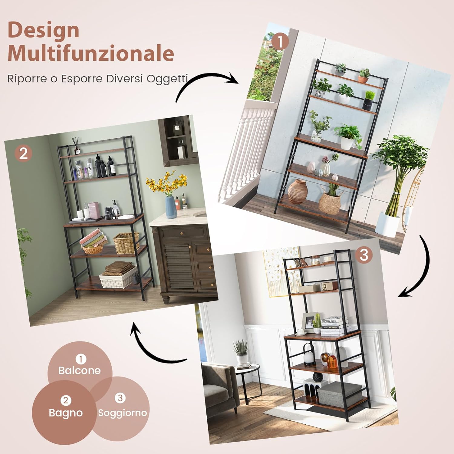 Scaffale da Cucina con 5 Ripiani, Mobile Porta Microonde con Ripiani Aperti e Dispositivo Antiribaltamento, Mobile da Cucina Alto per Soggiorno Cucina Balcone, 80x40x170 cm