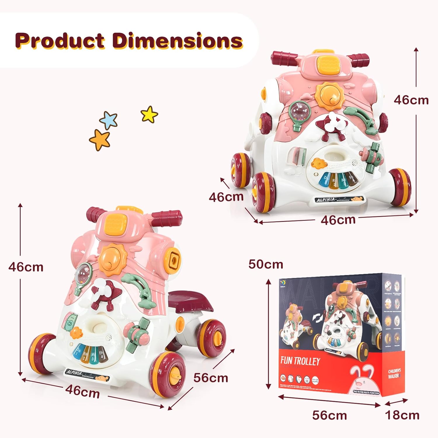 3 in 1 Primi Passi Cavalcabile Spingibile, Giocattolo Educativo con Musica e Luci, con 4 Ruote Antiscivolo, Ideale per Bambini 6-36 Mesi (Rosa)