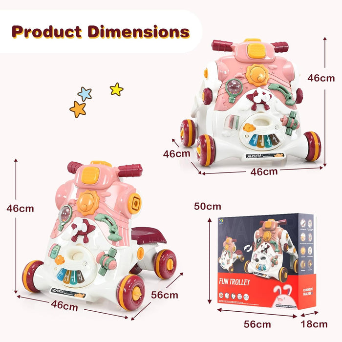 3 in 1 Primi Passi Cavalcabile Spingibile, Giocattolo Educativo con Musica e Luci, con 4 Ruote Antiscivolo, Ideale per Bambini 6-36 Mesi (Rosa)