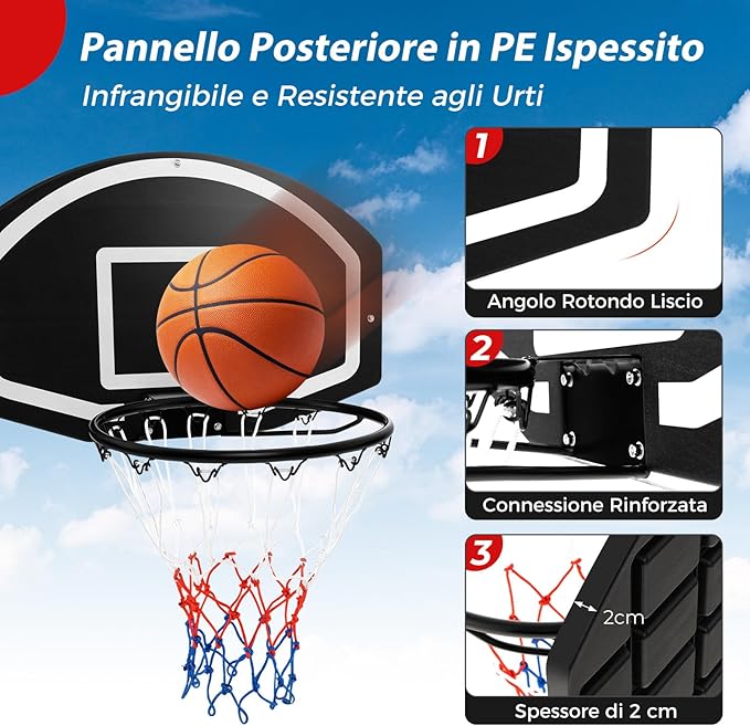 Tabellone Basket da Muro per Bambini e Adulti, Canestro da Basket a Parete con Tabellone Antiproiettile da 72 x 45,5 cm, Rete Anti-vento e Accessori Completi