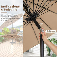 Ombrellone da Giardino Rotondo di 265 cm, Ombrellone da Patio con 18 Costole, Inclinazione a Pulsante, Parasole con Supporto in Metallo, per Cortile, Piscina, Spiaggia (Marrone)