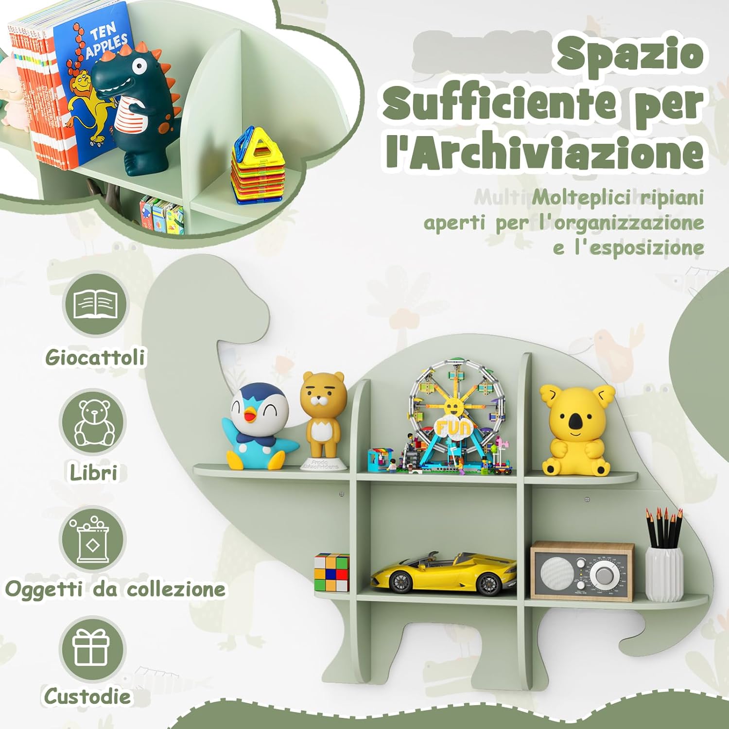 Libreria da Parete per Bambini a Forma di Dinosauro, Mensola a 2 Ripiani in Legno da Appendere, Scaffale da Parete per Camera dei Bambini Camera da Gioco Asilo, 105,5x16x78,5 cm