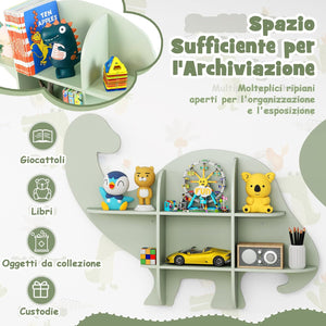 Libreria da Parete per Bambini a Forma di Dinosauro, Mensola a 2 Ripiani in Legno da Appendere, Scaffale da Parete per Camera dei Bambini Camera da Gioco Asilo, 105,5x16x78,5 cm