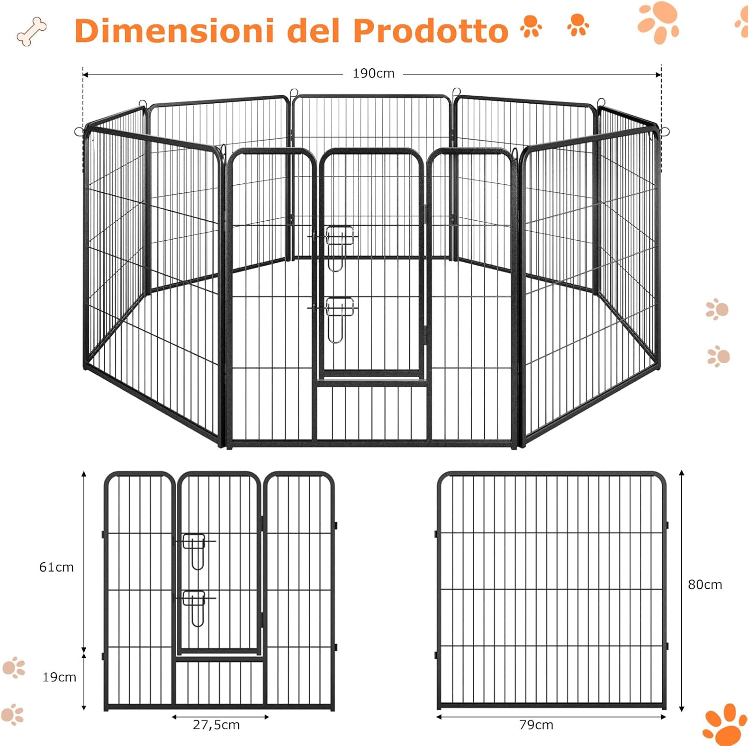 Recinto per Cani Interno ed Esterno, 8 Pannelli Altezza 60/80 CM Recinzione per Piccoli/Medi Animali/Coniglio/Gatto, Cancelletto Portatile Pieghevole con Porta (190 x 80 cm)