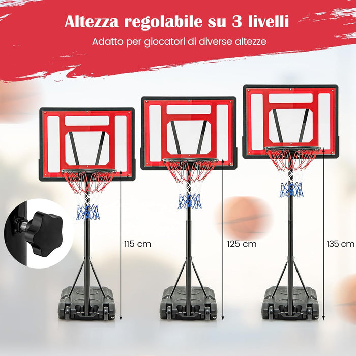 Canestro da Basket per Piscina, Regolabile in Altezza da 115-135 CM per Bambini e Adolescenti, Supporto da Basket Portatile con Ruote per Piscina e Interno