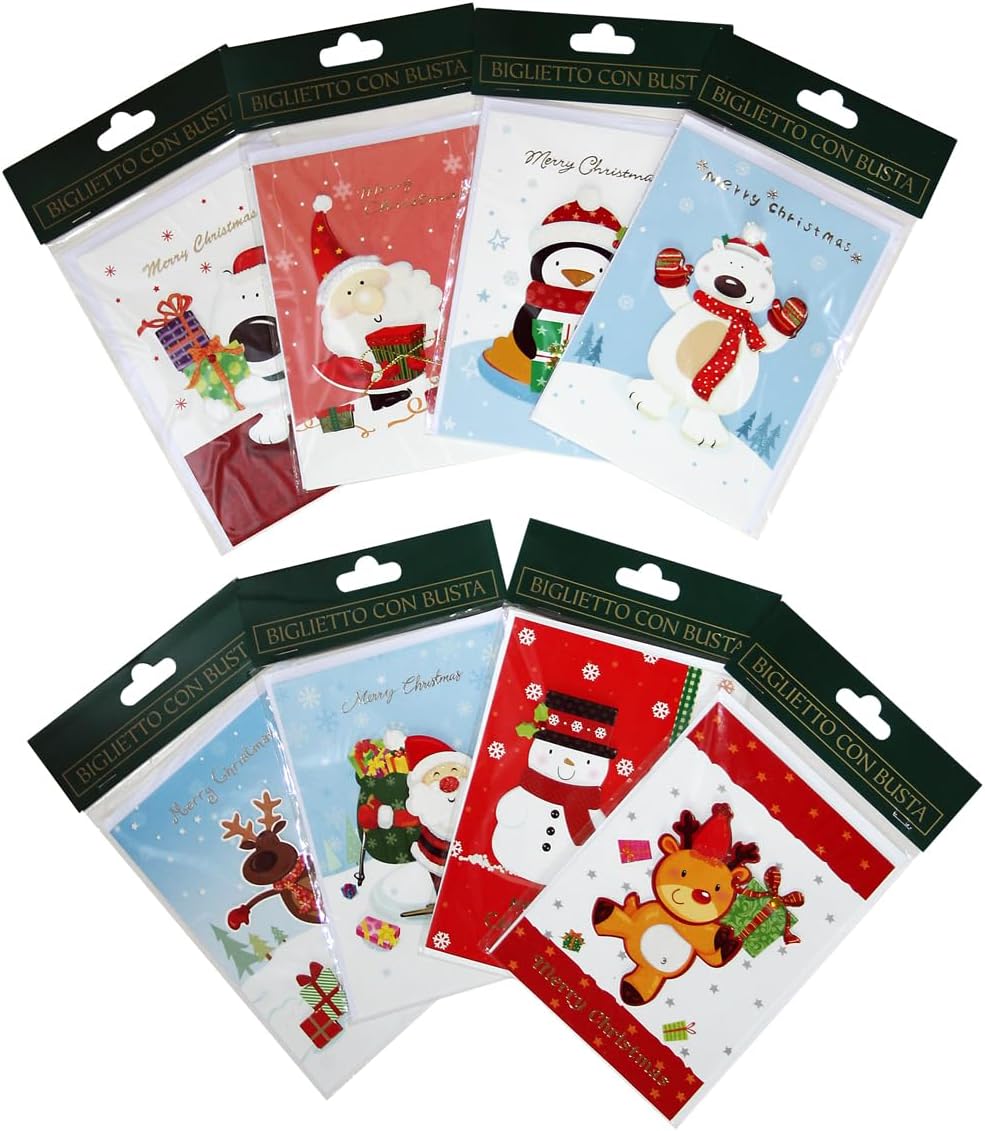 Set 8 Biglietti Augurali di Natale con Busta – Design Assortiti – Biglietti di Auguri Natalizi in Carta – Formato 14 x 24,5 cm