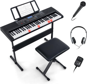 Set Pianoforte Elettronico Portatile a 61 Tasti, Pianoforte Digitale con 600 Timbri, 400 Ritmi, 50 Canzoni Demo, Pianoforte con Supporto e Sgabello, Tasti Luminosi, Microfono, Cuffie