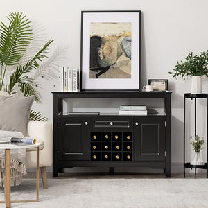 Credenza Moderna con Tanto Spazio, Credenza Cucina con Porta Bottiglie di Vino a Forma Incrociata, Mensola Aperta, 2 Armadietti e Cassetto, 117 x 40,5 x 82,5 cm (Nero)